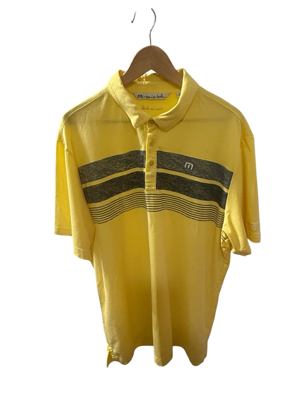Travis Mathew Short Sleeve Polo Shirt Size XL Yellow Stripes 3-buttons